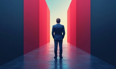 Obraz premium Determined businessman in a suit standing before a symbolic barrier, representing obstacles such as sanctions, economic challenges, or potential business deadlocks, Generative AI