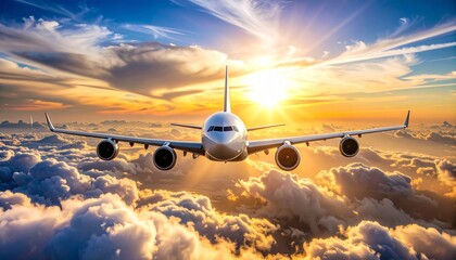 "Golden-hour airplane soaring above dramatic cloudscape, viewed from behind—evoking freedom, ascent, and the majesty of human innovation."