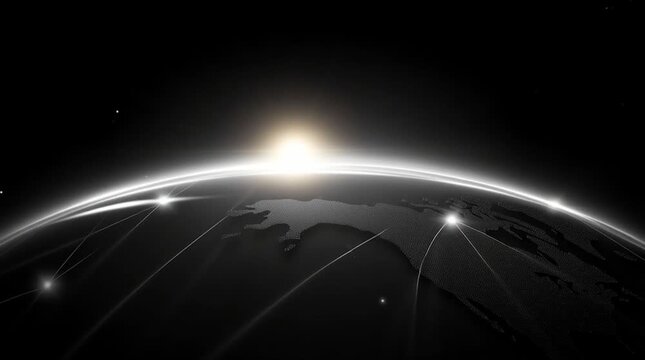 Spectacular orbital view of planet Earth from the deep expanse of the cosmos the sun s brilliant golden rays cresting over the horizon illuminating the atmosphere.