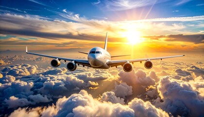 "Golden-hour airplane soaring above dramatic cloudscape, viewed from behind—evoking freedom, ascent, and the majesty of human innovation."
