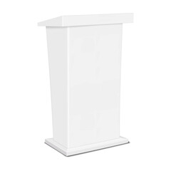 White portable rostrum stand. Realistic 3d vector mockup. Blank inclined tabletop promotional tradeshow table for brand design. Mock-up. Slanted exhibition lectern counter. Template
