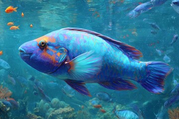 Naklejka premium Turquoise water is the backdrop for bicolor parrotfish swimming above a coral reef