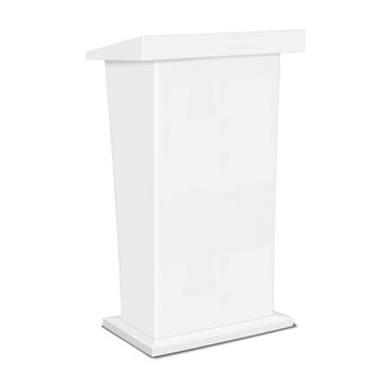 White portable rostrum stand. Realistic 3d vector mockup. Blank inclined tabletop promotional tradeshow table for brand design. Mock-up. Slanted exhibition lectern counter. Template