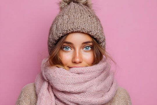 Young woman with winter knitted hat and scarf on pink background, close-up of young model in winter clothes, winter sale, young woman's new year outfit - Powered by Adobe