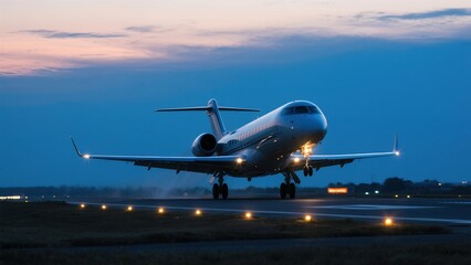 Fototapeta premium Passenger Jet Airplane Landing on Runway at Dusk with Blue Sky and Cloudy Horizon