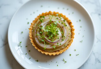 A delicate and artfully plated French onion tartlet, topped with fresh microgreens on a clean white background.