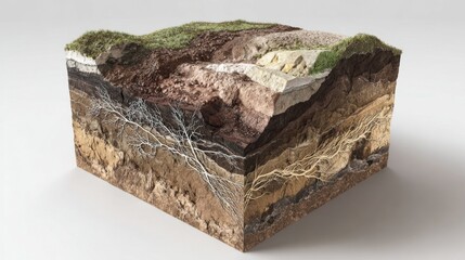 3d render illustration of cross section of ground with grass isolated on white. Podium with underground layers of Soil, earth, rock. Environment or Land Surveying banner cooncept
