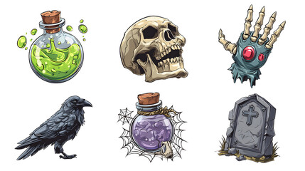 Cartoon Halloween collection with skull, raven, magical potions, zombie hand, and tombstone, perfect for spooky seasonal designs