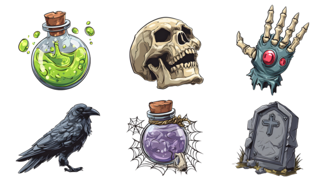 Cartoon Halloween collection with skull, raven, magical potions, zombie hand, and tombstone, perfect for spooky seasonal designs