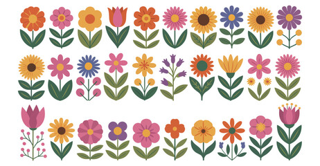  Colorful floral rows with sunflowers, tulips, daisies, and leaves – cheerful botanical design for spring, garden decor, and invitations