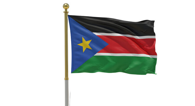 Flag of South Sudan waving on flagpole against white background, national symbol of South Sudan for independence and patriotism - Powered by Adobe