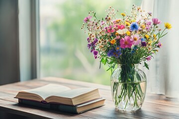 beautiful wildflowers in vase water and book
