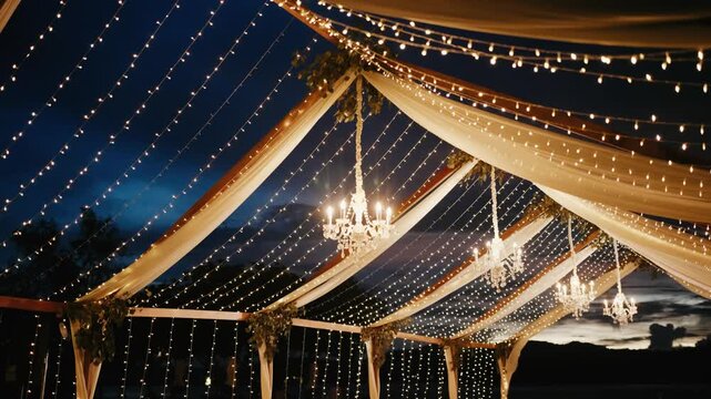 Romantic outdoor evening wedding reception with elegant chandeliers, fairy lights, and draped fabric under a starlit sky, creating a magical and luxurious celebration atmosphere.