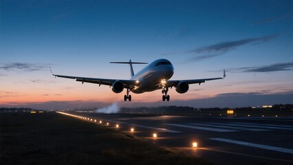 Naklejka premium Commercial Passenger Airplane Landing on Runway During Sunset with Clear Sky and Airport Lights