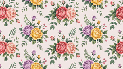  Seamless floral pattern with pink, yellow, and purple roses on soft pink background – elegant botanical design for fabric and wallpaper