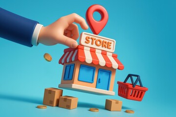 Hand places location pin atop charming cartoon store, symbolizing local business growth with delivery boxes and a shopping basket, all set against a vibrant azure backdrop.