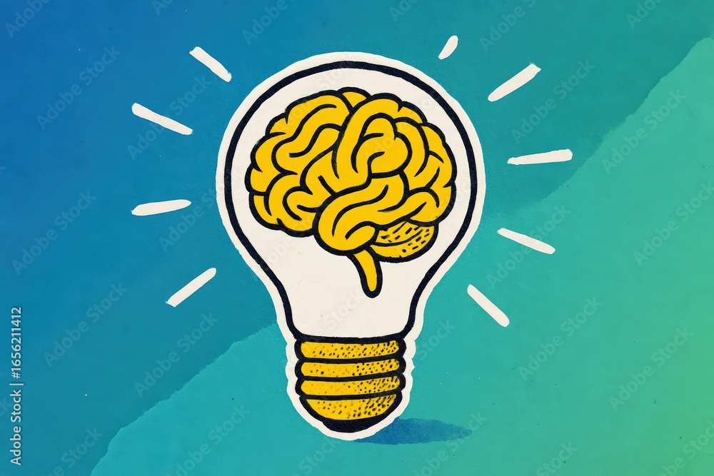 Poster lightbulb brainstorming session illustrates new ideas with a glowing brain representing creativity a