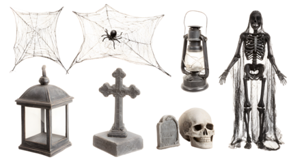 Halloween decorations including spider webs, skeleton figure, skull, tombstone, cross, lantern and old lamp, perfect for spooky party themes