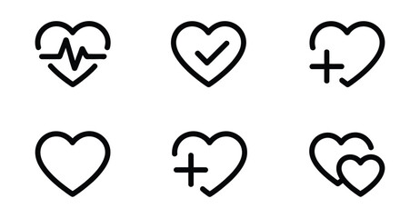  Set of six black heart icons with medical, approval, and love symbols—minimalist vector design ideal for health, UI, and emotional themes