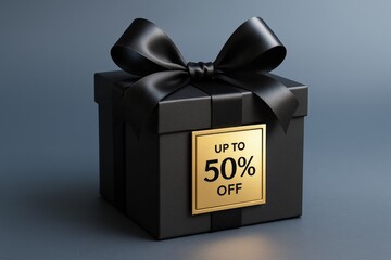 Sleek black gift box, adorned with a satin ribbon, presents a luxurious offering of up to 50% off for seasonal sales.