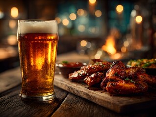 Warm and inviting photo of a tall glass of amber beer with a foamy head next to a wooden board loaded with saucy, freshly cooked chicken wings.