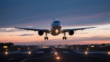 Obraz premium Commercial Airplane Landing on Runway at Sunset with Illuminated Lights and Clear Sky