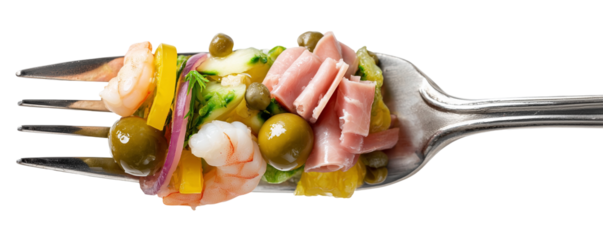 Fork with shrimp, ham and olives salad