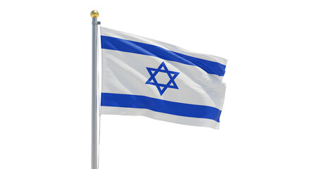 Israeli national flag waving on flagpole isolated on white background, symbol of Israel, perfect for cultural and political themes