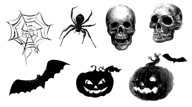 Hand-drawn spooky Halloween icons including skulls, bats, spiders, spider webs, and jack-o-lanterns, perfect for Halloween party decorations and designs