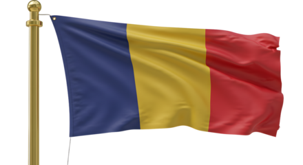Romanian flag waving on a gold flagpole against a transparent background, symbol of Romania and national pride, perfect for cultural and patriotic designs