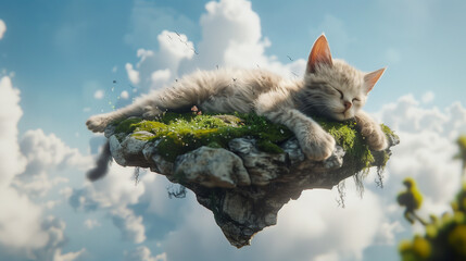 A cat lounging on a floating island in the sky