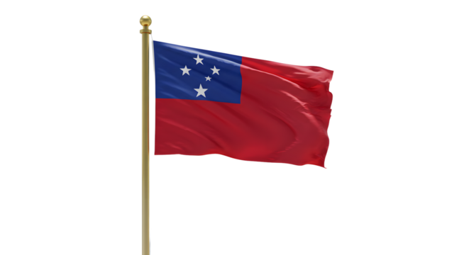 Samoa national flag waving on pole isolated on white background, symbol of Pacific Island country, perfect for cultural and patriotic designs
