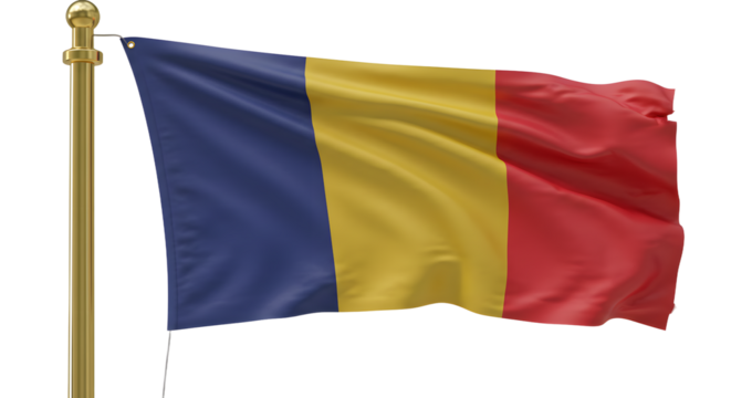 Romanian flag waving on a gold flagpole against a transparent background, symbol of Romania and national pride, perfect for cultural and patriotic designs