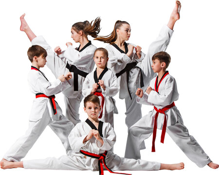 Group of young taekwondo athletes performing high kicks and stances in martial arts training. Concept of sports education, discipline, and children martial arts promotion. Transparent background.