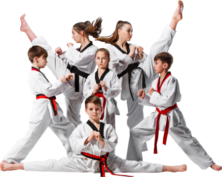 Group of young taekwondo athletes performing high kicks and stances in martial arts training. Concept of sports education, discipline, and children martial arts promotion. Transparent background.