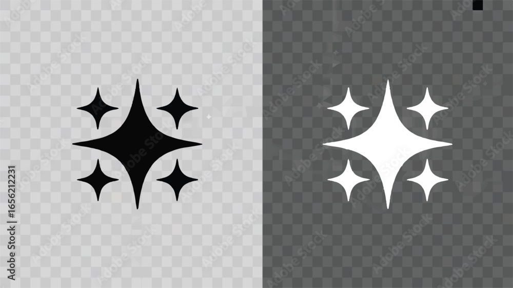 Poster sparkling star icons on transparent background showcasing black and white versions for versatile des
