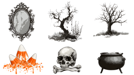 Spooky Halloween elements including an old mirror, leafless trees, candy corn, skull, bones, and cauldron, perfect for seasonal holiday designs
