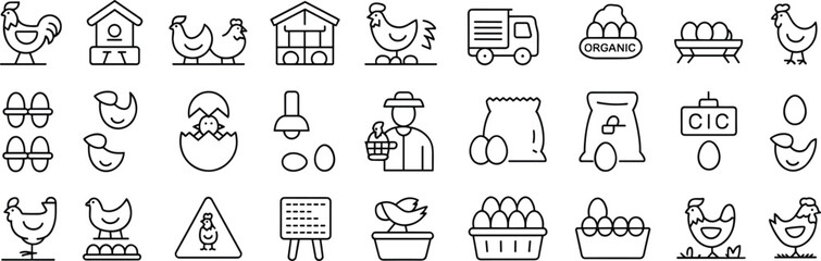 Chicken farm line icon set with hens, eggs, poultry farming, organic food production, agriculture industry, farmer symbols, flat vector illustration © Khadija Creatives