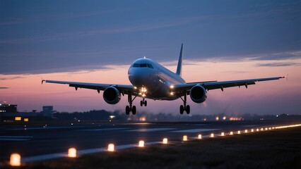 Obraz premium Commercial Airplane Landing on Runway at Sunset with City Skyline in Background