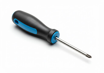 A Phillips head screwdriver with a black and blue handle is isolated on a white background.