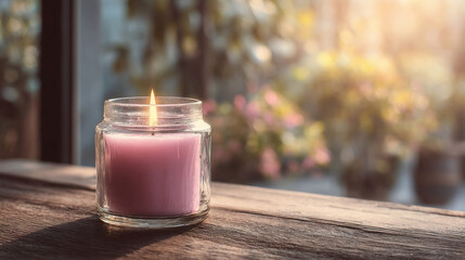 Soft glow of a pink candle on a rustic wooden table in a sunlit room with plants in the background Generative AI