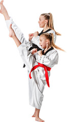 Female martial arts mentor training young girl in synchronized taekwondo kicks on transparent...