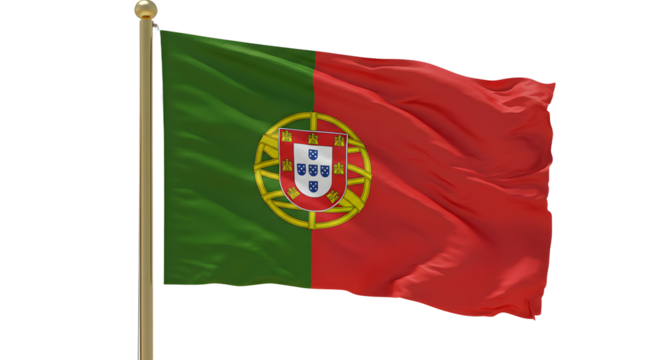 Waving national flag of Portugal on flagpole, isolated on white background, perfect for cultural or patriotic projects