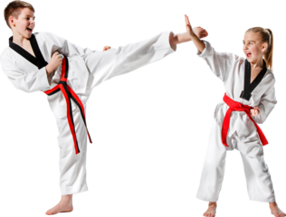 Children practicing Taekwondo kicks and blocks isolated on transparent background. Concept of martial arts, youth training, discipline, self-defense, and active lifestyle with joy and focus.