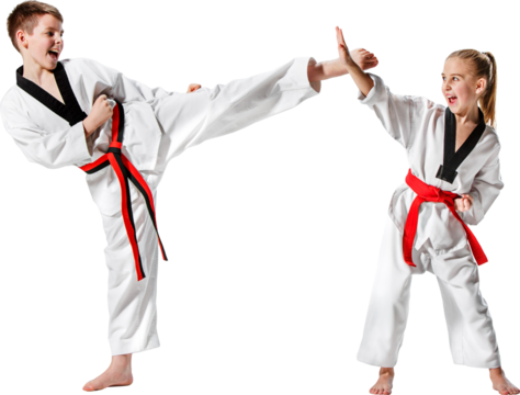 Children practicing Taekwondo kicks and blocks isolated on transparent background. Concept of martial arts, youth training, discipline, self-defense, and active lifestyle with joy and focus.