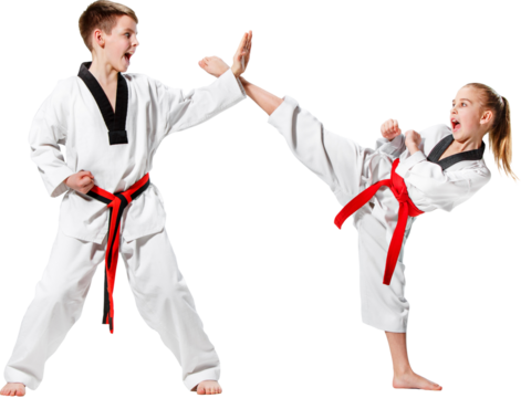 Girl performing Taekwondo high kick against boy blocking hand strike. Concept of martial arts training, combat practice, defense skills, and physical activity with enthusiasm. Transparent background.