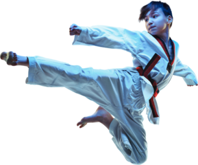 Boy executing flying Taekwondo side kick in dynamic martial arts pose. Concept of martial arts performance, youth discipline, self-defense, strength, and competitive spirit. Transparent background.