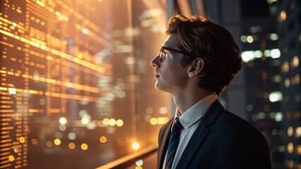 A thoughtful businessman in suit looking out of the window at night city lights, contemplating future business opportunities