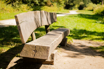 Wooden bench in a forest park near a lake, surrounded by grass and trees, part of park...
