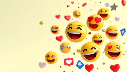 Joyful 3D Rendered Emojis:  Happy, Loving, and Playful Animated Faces Floating Against a Pastel Yellow Background with Hearts and Stars.